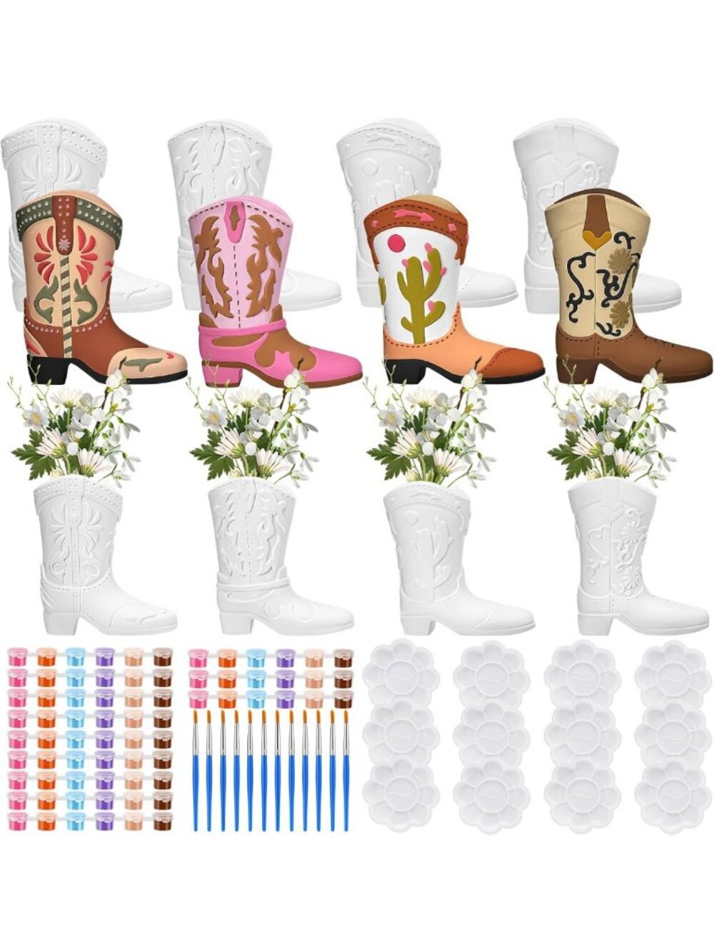 12 Set Cowboy Boot Vases - DIY Paintable Ceramics Kit with Brush & Palette